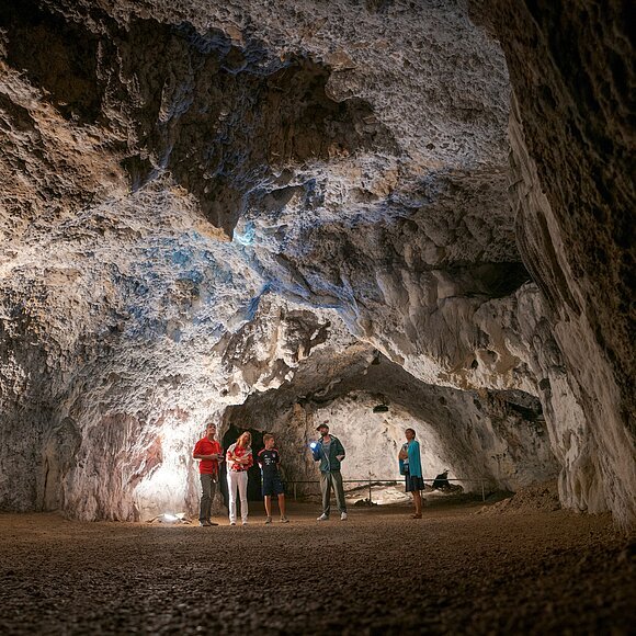 Fünf Personen stehen in einer großen, beleuchteten Höhle mit unregelmäßigen Felswänden und Boden aus Erde.