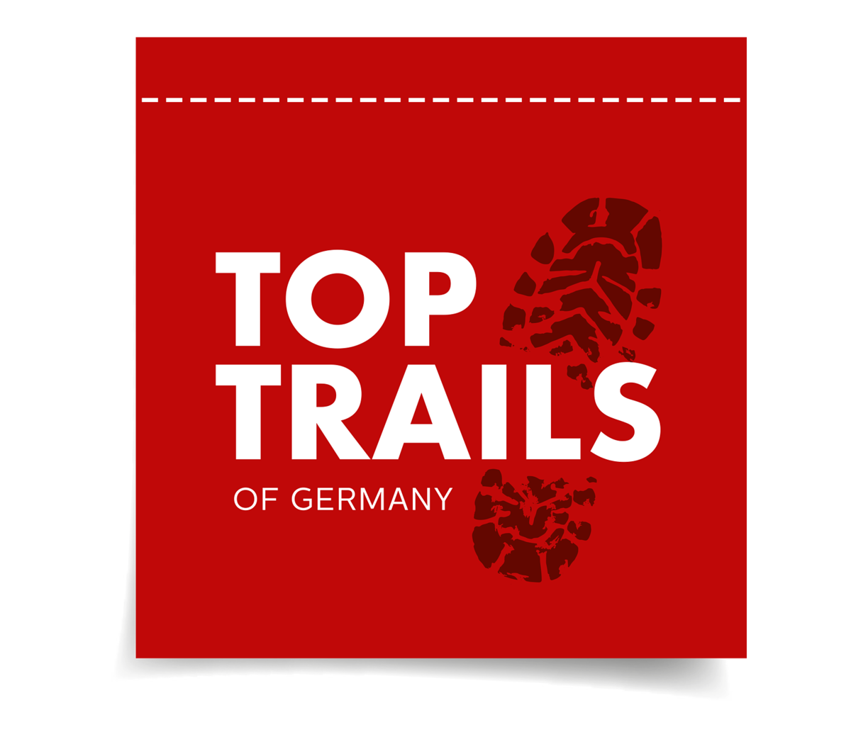 Das Logo besteht aus einem schwarzem Schuhabdruck und in weiß steht TopTrails of Germany auf rotem Hintergrund.